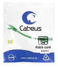 Патч-корд Cabeus PC-UTP-RJ45-Cat.5e-0.15m-GN-LSZH Кат.5е 0.15 м зеленый