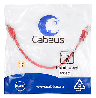 Патч-корд Rj-45 Cabeus PC-UTP-RJ45-Cat.6-0.3m-RD кат.6 0.3 метра красный